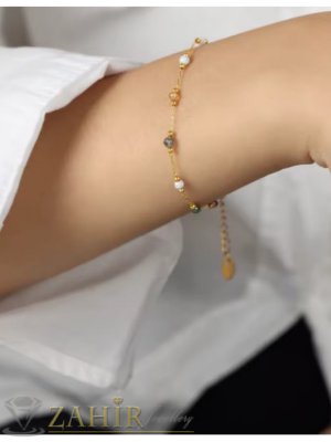 Изящна стоманена гривна за глезен или ръка с мъниста от естествен преливащ ахат, златно покритие - GK1487